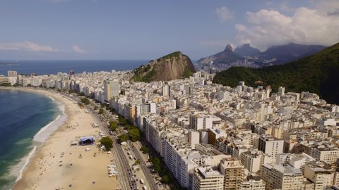 Copacabana Beach, Rio de Janeiro, Brazil. Summer travel destinations. Aerial view. 4K