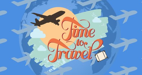 Animation of time to travel text over planes. national aviation day and celebration concept digitally generated video.