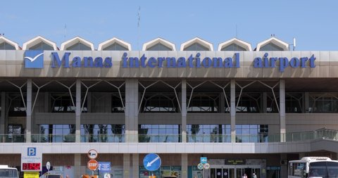 Bishkek, Kyrgyzstan - May 13, 2022: Closeup of Manas International Airport exit