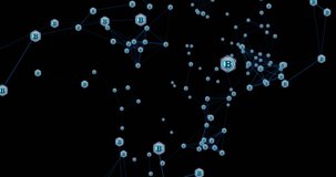 Animation of blue network of connections with bitcoin symbols spinning on black background. global cryptocurrency, business, networks and connections concept digitally generated video.