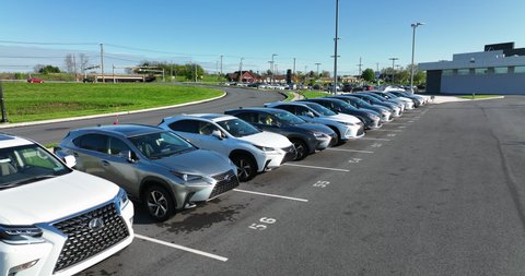 Lancaster , PA , United States - 05 08 2022: Line of new and used Lexus cars crossover SUV vehicles for sale at dealership.