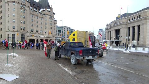 Ottawa , Canada - 01 30 2022: Ottawa, Canada- January, 2022. Truckers protest in Ottawa, Ontario
