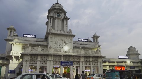 Hyderabad , TS , India - 05 16 2022: Kacheguda railway station towers with clock in the evening in Hyderabad, Andhra Pradesh, India