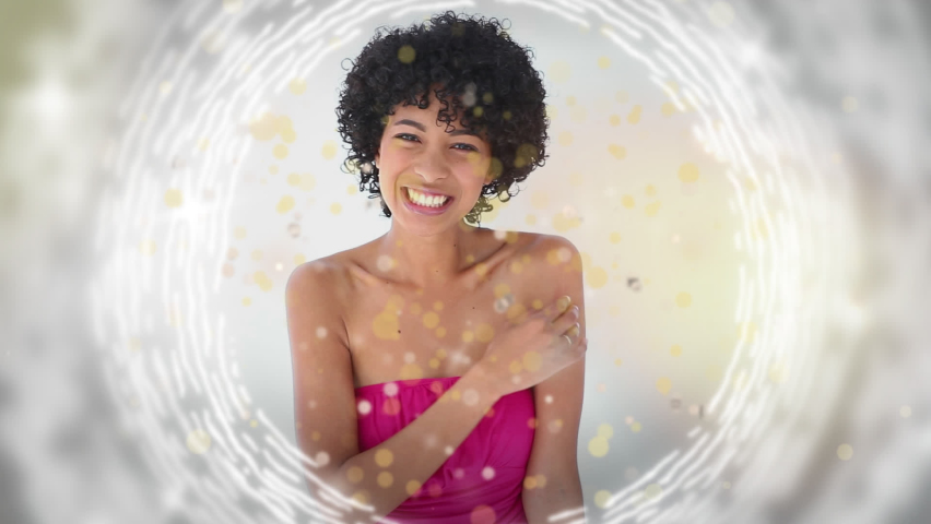 Animation of gold dots over happy biracial woman sending kisses. love, romantic relationship and valentines day concept digitally generated video. | Shutterstock HD Video #1090432223