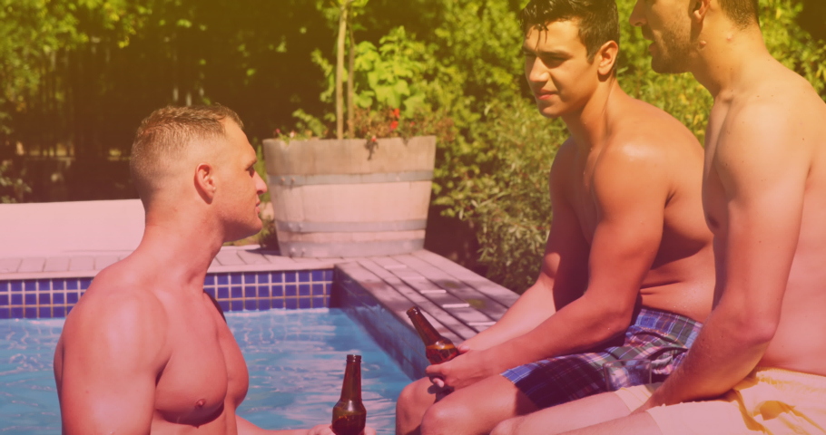 Animation of beer glass over caucasian male friends talking at pool. drinking beer, socializing and relaxing concept digitally generated video. | Shutterstock HD Video #1090432455
