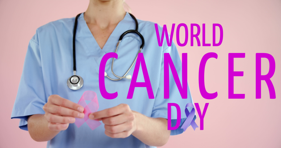 Animation of world cancer day over midsection of caucasian female doctor with pink ribbon. cancer awareness and world cancer day concept digitally generated video. | Shutterstock HD Video #1090432601