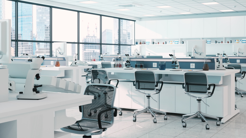 3d Rendering of Modern Empty Science Laboratory With White Desks, Microscopes, Scientific Equipments And Cityscape From The Window | Shutterstock HD Video #1090433191