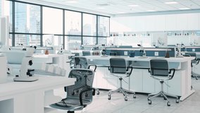 3d Rendering of Modern Empty Science Laboratory With White Desks, Microscopes, Scientific Equipments And Cityscape From The Window