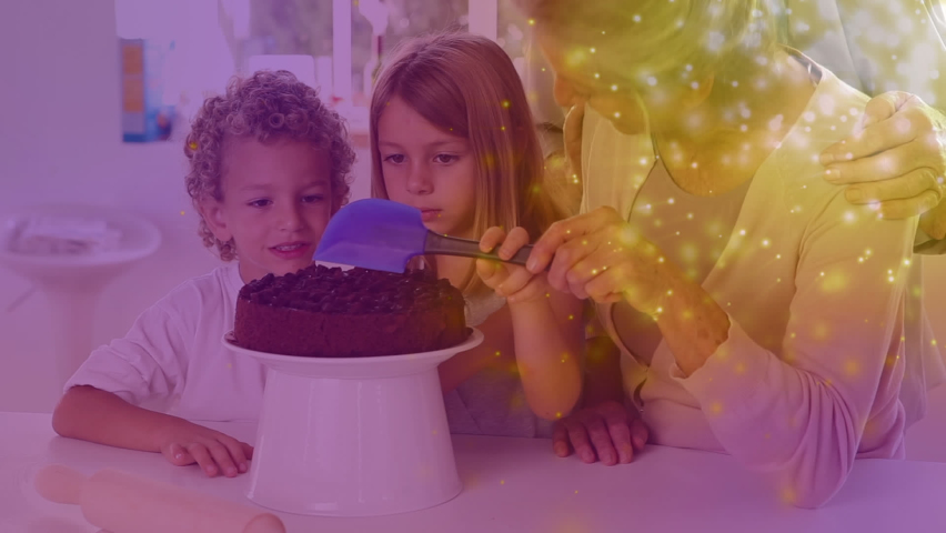 Animation of sparkles over happy caucasian grandparents and grandchildren making cake. sweets, desserts, family and spending time together concept digitally generated video. | Shutterstock HD Video #1090433357