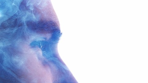 Spiritual enlightenment. Aura energy. Soul freedom. Double exposure closeup profile silhouette of relaxed happy man face with blue dust mist isolated on white copy space.