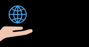 Animation of hearts and hand with globe over black background. social media and communication concept digitally generated video.