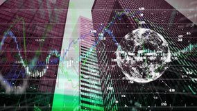 Animation of globe, data and graphs over skyscrapers. global data processing, business and technology concept digitally generated video. - Powered by Shutterstock - Get 15% off with code: PIKWIZARD15