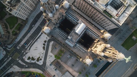 Top Down Overhead, Aerial View Shot of Liverpool UK, Merseyside, England United Kingdom , Royal Liver Building