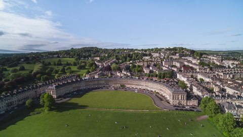 Establishing Aerial View Shot of Bath UK, Somerset, England United Kingdom wonderful day, slow push in, royal crescent