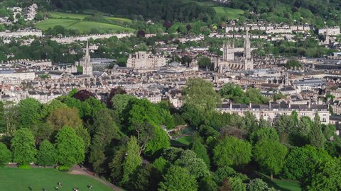 Establishing Aerial View Shot of Bath UK, Somerset, England United Kingdom day, green city, skyline, faamous churches