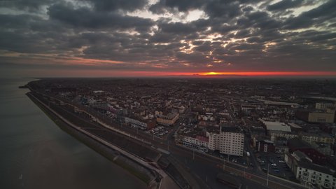 Establishing Aerial View Shot of Blackpool UK, Lancashire, England United Kingdom, divine light, sunrise, holiday destination asleep