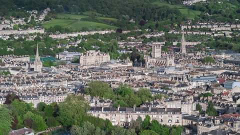 Establishing Aerial View Shot of Bath UK, Somerset, England United Kingdom sunny day, tracking left