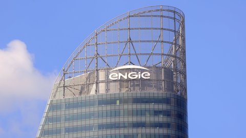 Paris, France - May 2022 : Engie logo on the Tour T1 tower housing the headquarters of the French company in La Defense business district in Paris, France