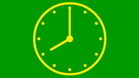Animated clock. Yellow linear watch. Concept of time, deadline. Looped video.  illustration isolated on green background.