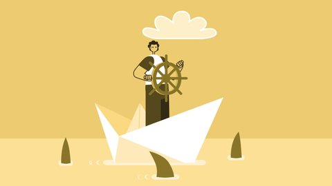 Yellow Style Man Flat Character Sailing Surrounded by Sharks on Paper Ship Boat. Isolated Loop Animation