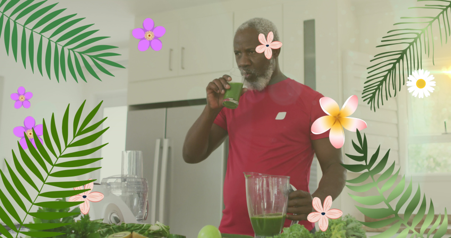 Animation of flowers over senior african american man drinking healthy drink. senior home hangout and digital interface concept digitally generated video. | Shutterstock HD Video #1090443213