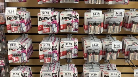 Springfield, IL USA - May 2, 2022: Panning up on the rows of Energizer Batteries for sale at the Scheels Sporting Goods store in Springfield, Illinois.