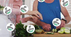 Animation of go green text over senior caucasian couple cooking. senior home hangout and digital interface concept digitally generated video.