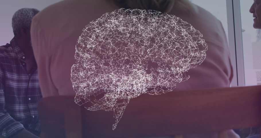 Animation of brain over diverse group of seniors talking. senior home hangout and digital interface concept digitally generated video.