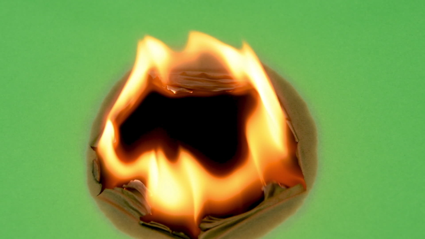 Green screen burning from center hole fire. Black behind, background. 
Perfect for a nice organic transition. In camera, recorded footage, no effects. Easy to map and apply matte to your transition. | Shutterstock HD Video #1090446247