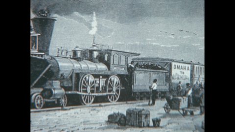 1880s: Wells Fargo and Company’s Express Baggage shipment. Painting of railway carriages and cargo loading. Omaha to North Platte train cargo. Phot of railway workers in 1880s. Steam train in tracks