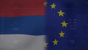 Animation of drone over flags of netherlands and eu. ukraine crisis and digital interface concept digitally generated video.