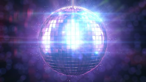Disco Ball Spinning Seamless with Flares Purple Blue Colors. Looped 3d Animation of Discoball Turning at Abstract Discotheque. Loop-able Isolated Retro Mirrorball Motion. 4k UHD 3840x2160. 