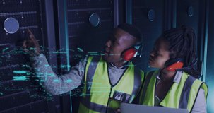 Animation of digital padlock over african american man and woman working in server room. network, programming, computers and technology concept digitally generated video.
