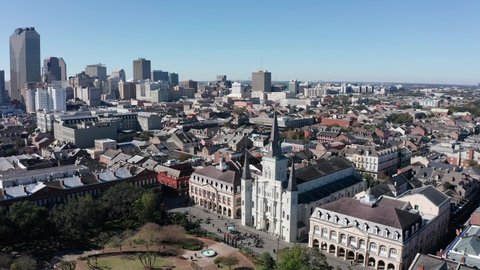 Aerial wide panning shot of Jackson Square in the French Quarter of New Orleans. 4K