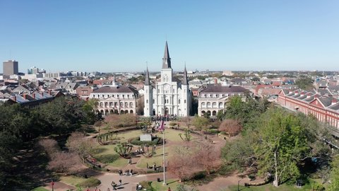 Aerial push-in shot of Jackson Square in the French Quarter of New Orleans. 4K