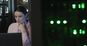 Animation of binary code over diverse man and woman working on laptop in server room. network, programming, computers and technology concept digitally generated video.