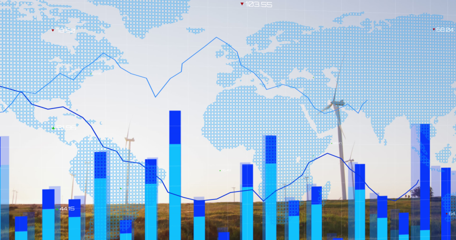 Animation of data processing over wind turbines. global business and digital interface concept digitally generated video. | Shutterstock HD Video #1090460101
