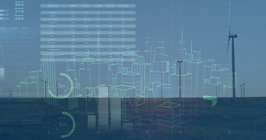Animation of data processing over wind turbines. global business and digital interface concept digitally generated video. | Shutterstock HD Video #1090460113