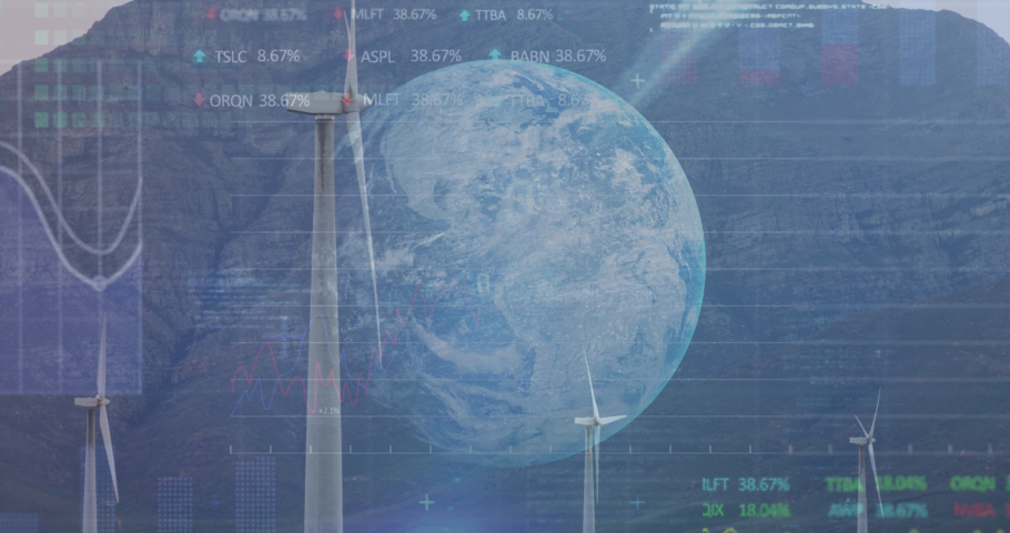 Animation of data processing over wind turbines. global business and digital interface concept digitally generated video. | Shutterstock HD Video #1090460737