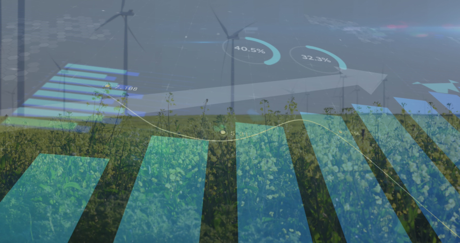 Animation of data processing over wind turbines. global business and digital interface concept digitally generated video. | Shutterstock HD Video #1090460829