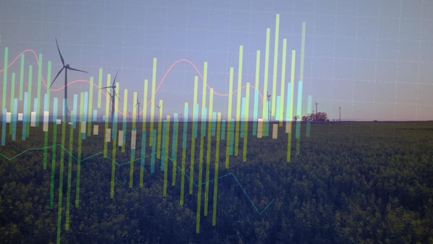 Animation of data processing over wind turbines. global business and digital interface concept digitally generated video. | Shutterstock HD Video #1090460833