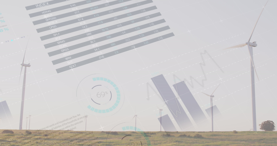 Animation of data processing over wind turbines. global business and digital interface concept digitally generated video. | Shutterstock HD Video #1090460861