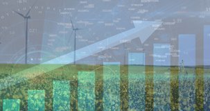 Animation of data processing over wind turbines. global business and digital interface concept digitally generated video.