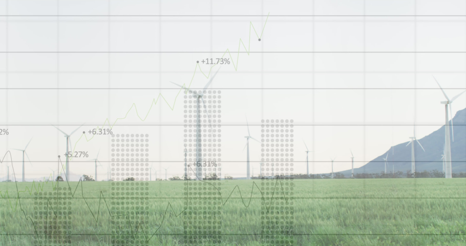 Animation of data processing over wind turbines. global business and digital interface concept digitally generated video. | Shutterstock HD Video #1090460875
