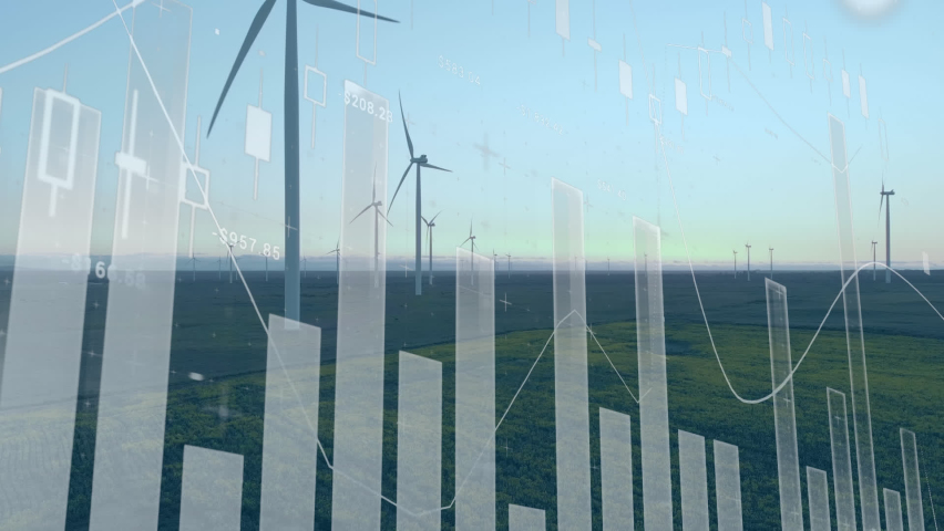 Animation of data processing over wind turbines. global business and digital interface concept digitally generated video. | Shutterstock HD Video #1090461013