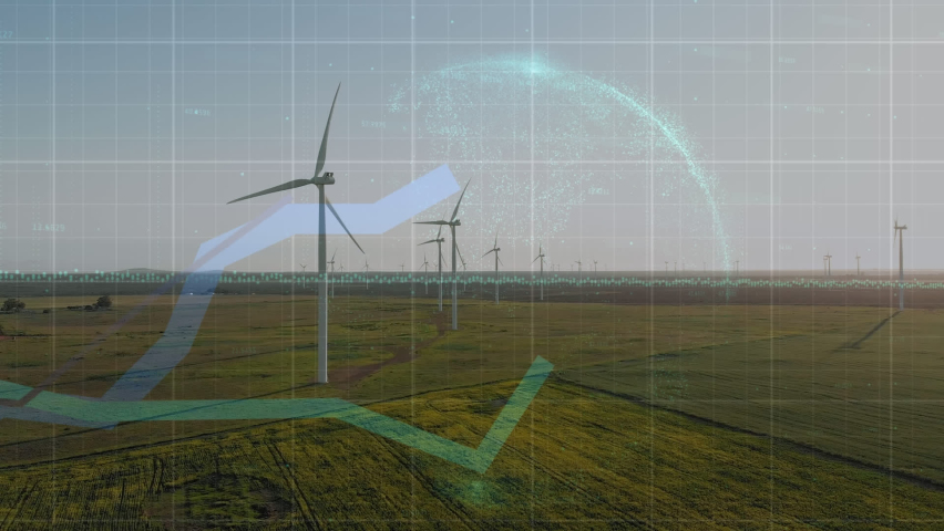 Animation of data processing over wind turbines. global business and digital interface concept digitally generated video. | Shutterstock HD Video #1090461045