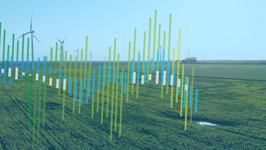 Animation of data processing over wind turbines. global business and digital interface concept digitally generated video. | Shutterstock HD Video #1090461047