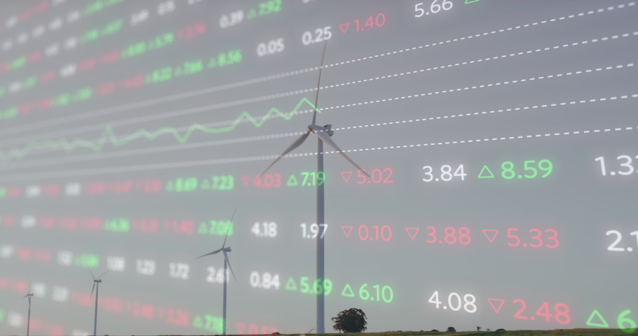 Animation of data processing over wind turbines. global business and digital interface concept digitally generated video. | Shutterstock HD Video #1090461101
