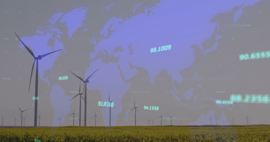 Animation of data processing over wind turbines. global business and digital interface concept digitally generated video. | Shutterstock HD Video #1090461109