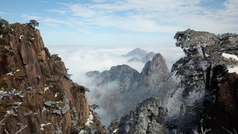Time lapse looking out over a sea of fog at the Yellow Mountains (Huangshan) in China